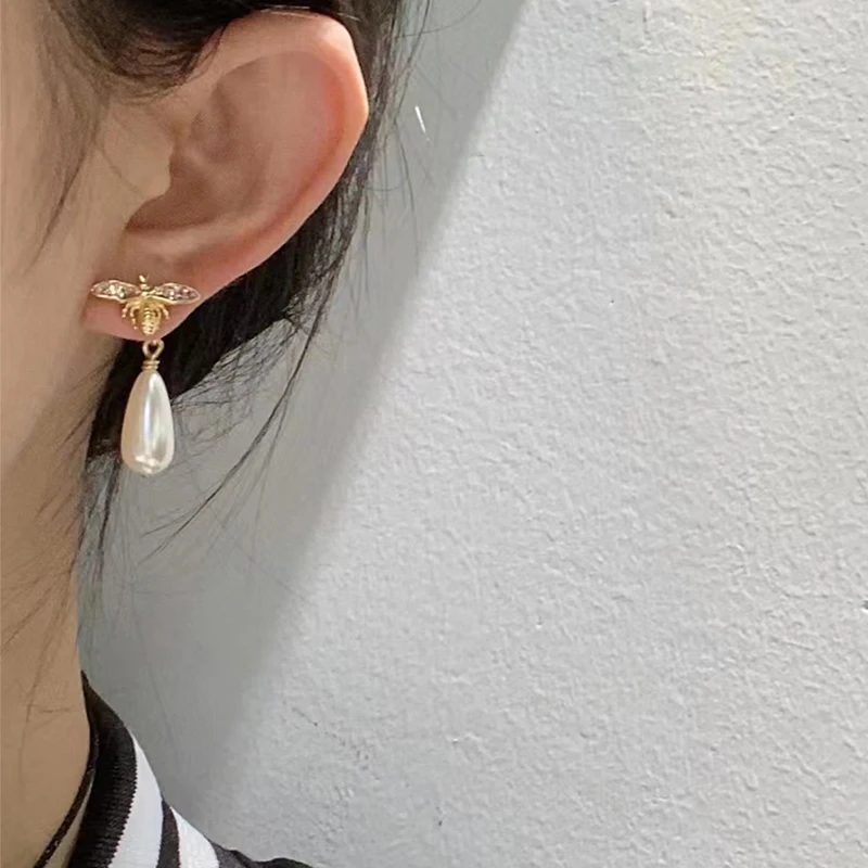 Luxury Five Pointed Bee Pearls AB Style Micro Inlaid Pink Zircon Earrings for Women Jewelry