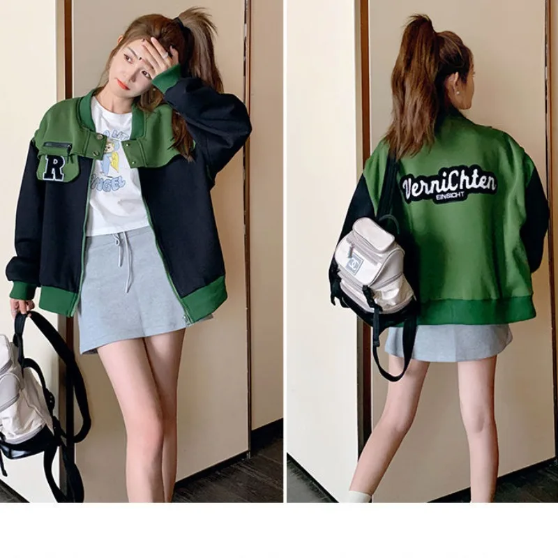 2024 New Color Blocking Patchwork Baseball Jacket for Women's Spring Autumn High-end Overcoat Student Slimming Loose Outwear