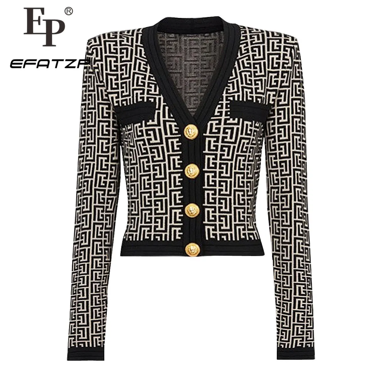 

Efatzp Spring Autumn Women Cardigans Knitted Geometrical Pattern Stretchy Short Slim Fit Sweaters New Fashion Casual Design