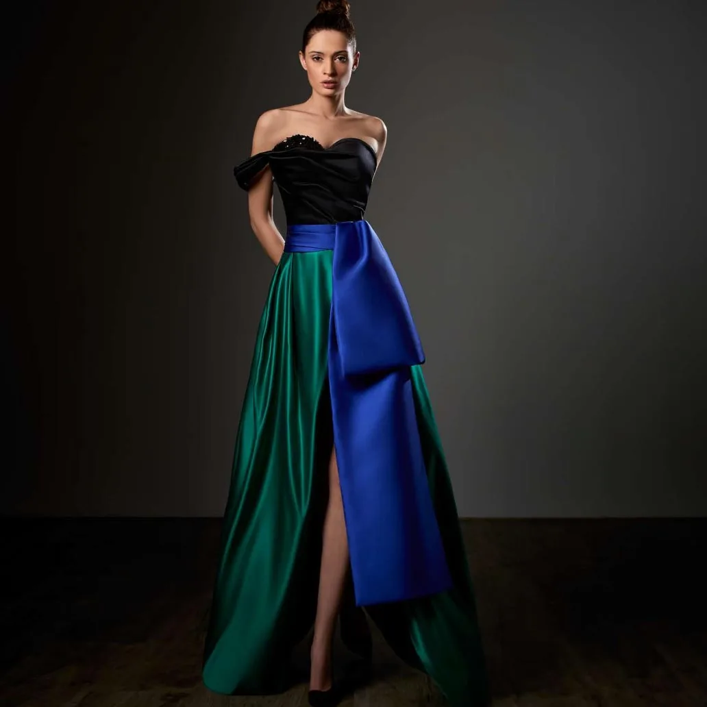 

Атласное платье на одно плечо, трехцветные вечерние платья до пола со шлейфом, зеленое платье из тафты, трапециевидная юбка