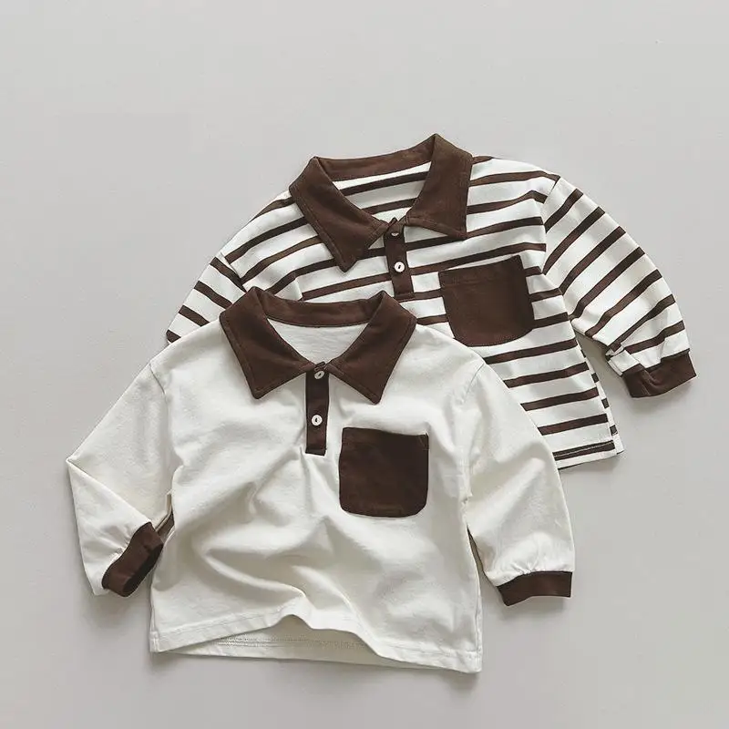 

2023 Autumn New Children Long Sleeve Lapel T Shirts Baby Boy Girls Loose Cotton Contrasting Colors Striped Tops Kids Clothes