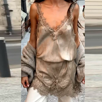 Elegante Abito Corto in Raso di Seta per Donna, Sexy Mini Abito con Bordo in Pizzo, Vestito con Spalline Sottili e Inserti in Pizzo, Abbigliamento da Notte Comodo