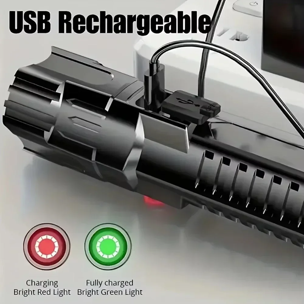 슈퍼 밝은 손전등 전술 LED 토치 디스플레이 라이트 포함 USB 충전 야외 캠핑 낚시 비상 줌 랜턴