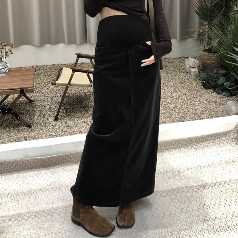 Good Quality Maternity Corduroy Skirt Thick Warm Back Split Pregnant Woman Long Belly Skirts Vintage Pregnancy Straight Skirts