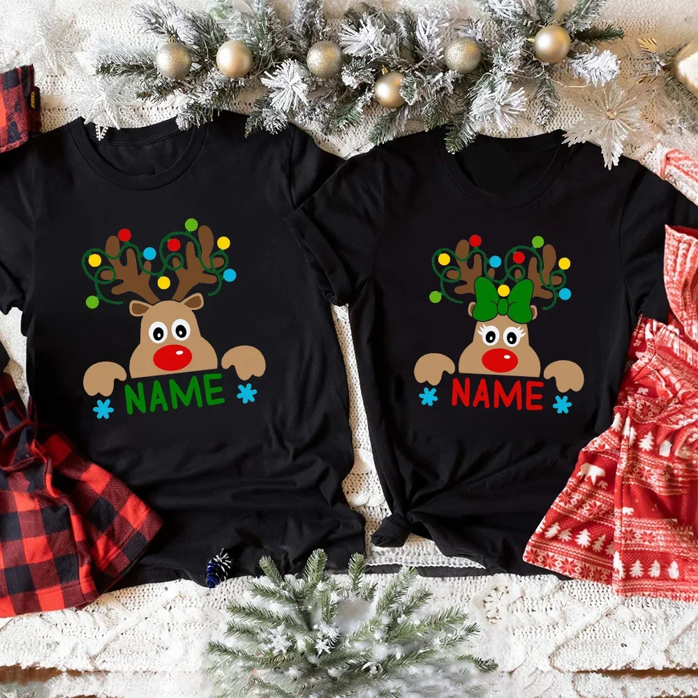 Custom Name Reindeer Matching Christmas Family Shirt Graphic Tees for Family Personalized Holiday Xmas Dad Mom and Me Shirts 3
