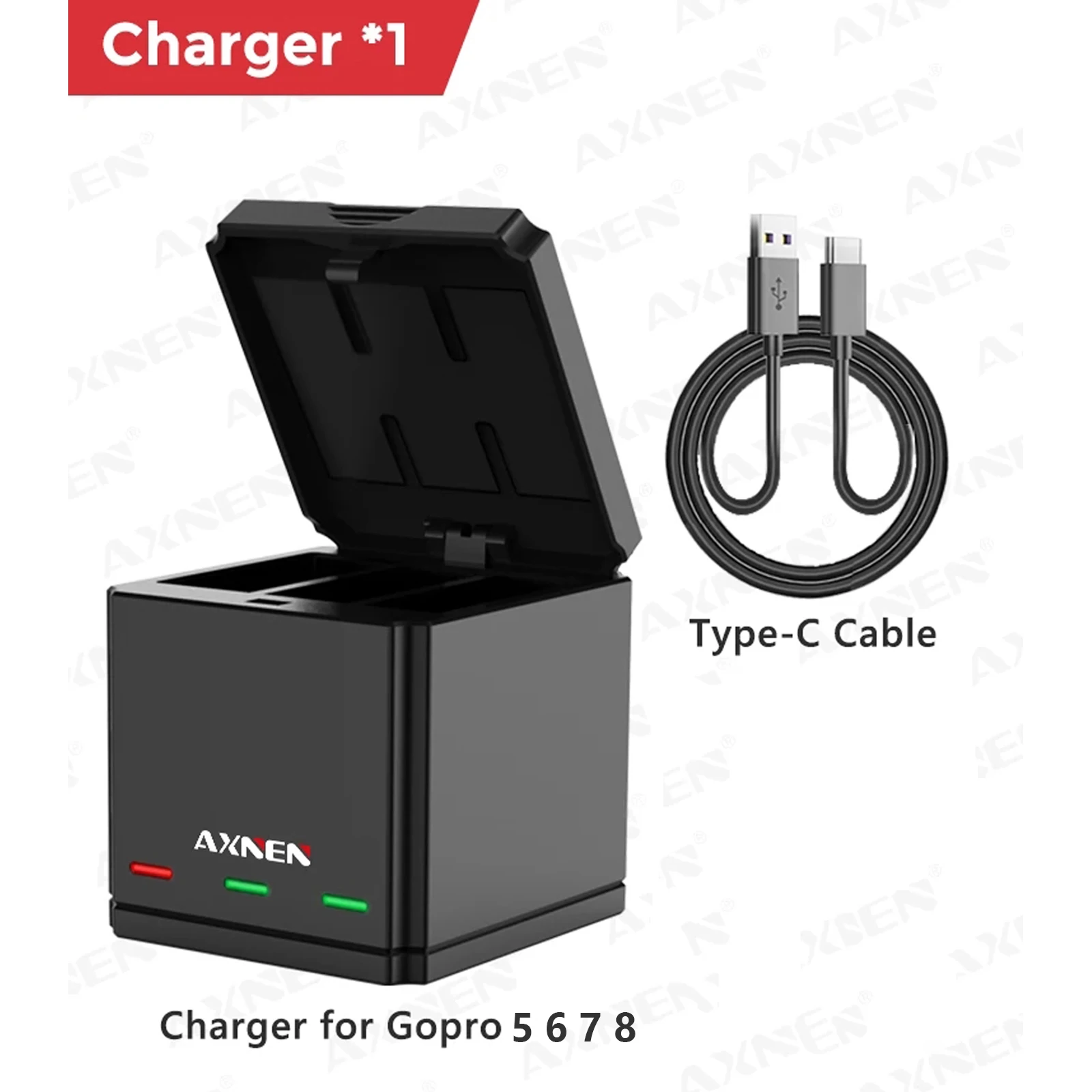Chargeur de batterie 3 en 1 pour GoPro 12 11 10 9 8 7 6 5 branché sur secteur avec LED de charge allumée