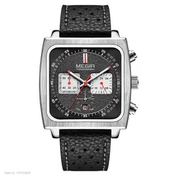 MEGIR Men's Blue Square Dial Chronograph Watch - Casual Sport Leather Strap, Quartz Movement, Date Display, 3ATM Waterproof (Silver Black)