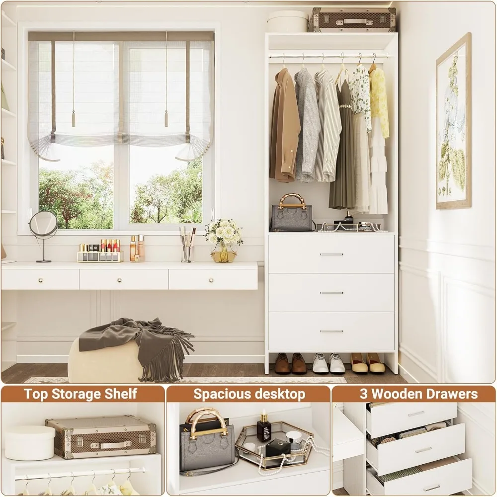 2FT Closet System with 3 Drawers, 24’’ Closet Organizer, Wood Closet Organizer System