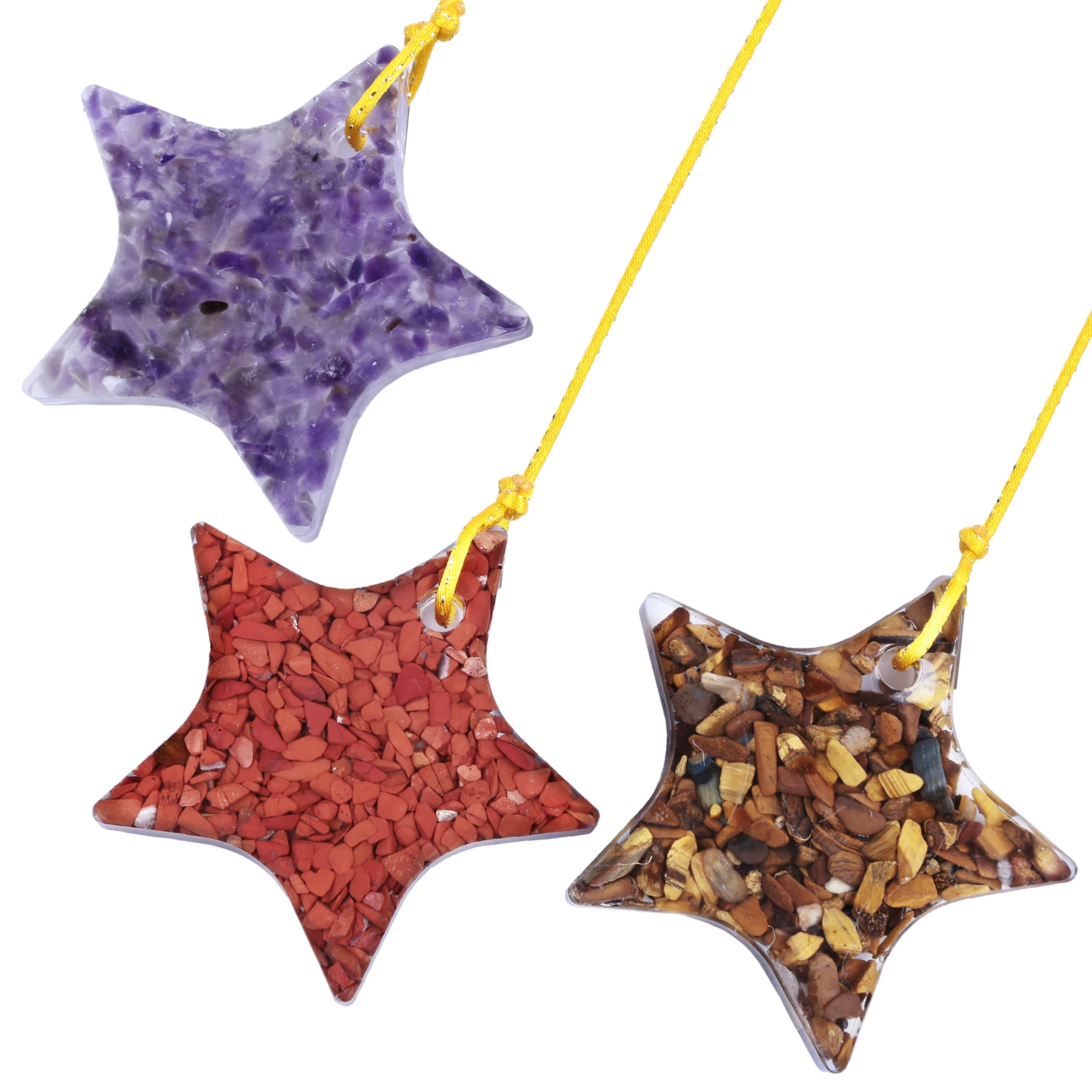 Healing Crystal Stone Chips Star Shape Resin Hanging Ornament With Chain For Home Wall Art Bedroom Decor