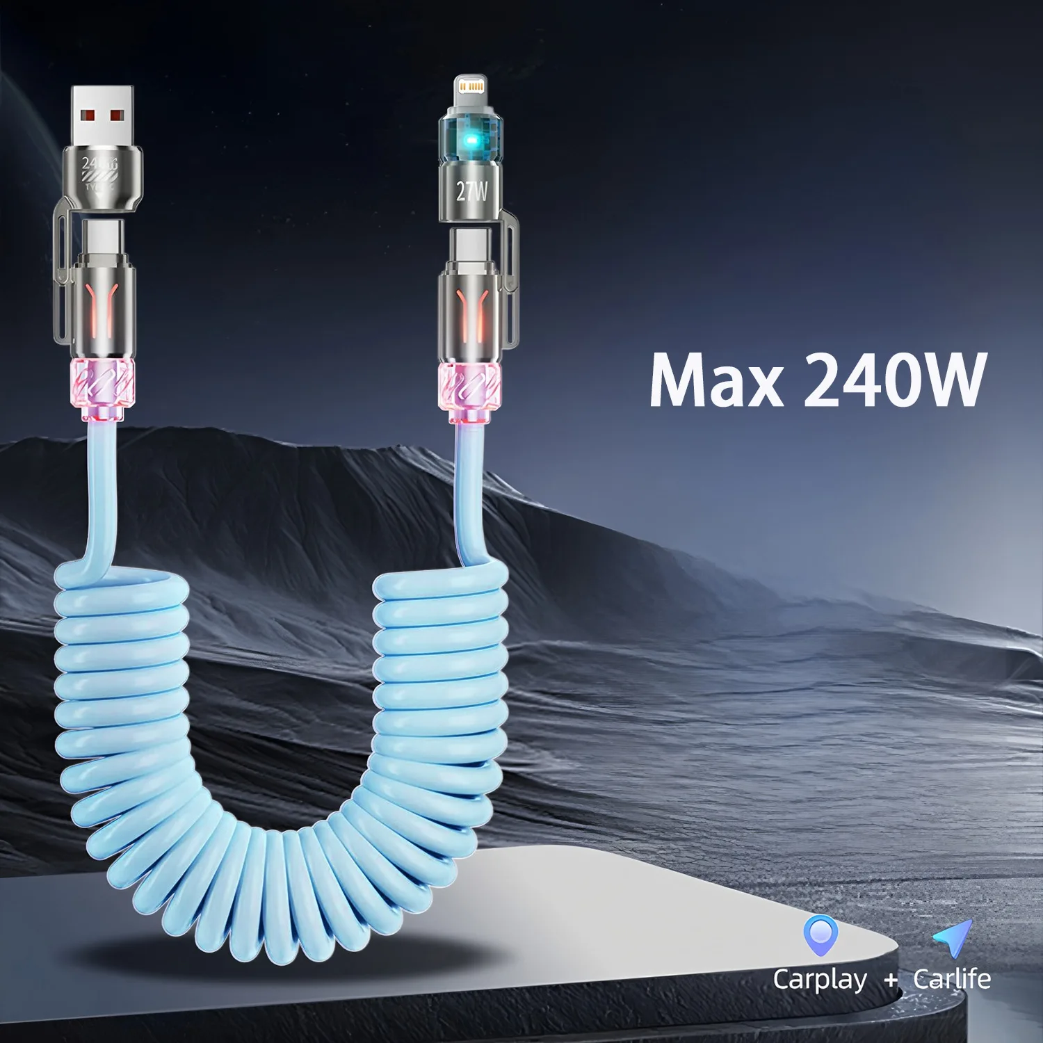 2M 4 in 1 PD 27W 240W 고속 충전 스프링 케이블 USB C타입 to C타입 및 라이트닝 데이터 케이블 아이폰 15 16 삼성용 ?