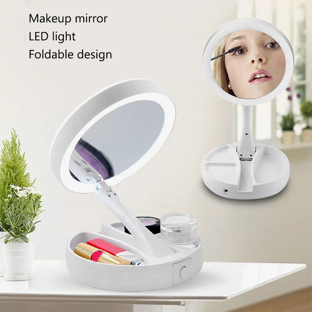 Foldable Led Makeup Mirror With Light 10X Magnifying Dual Purpose Double-Sided Mirror USB Charging Or Battery Table Mirrors makeup mirror,mirror lights,makeup mirror lights