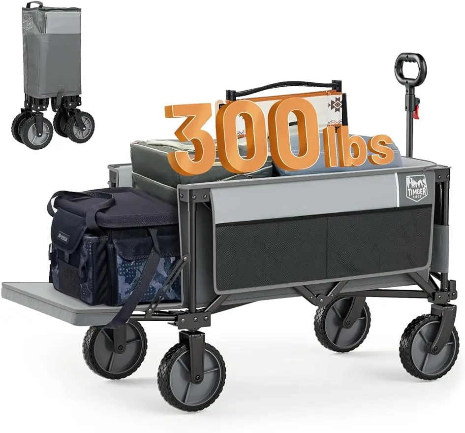 

Collapsible Folding Wagon Cart with Tailgate, 300lbs Heavy Duty Foldable Utility Wagon with Adjustable Handle, 200L