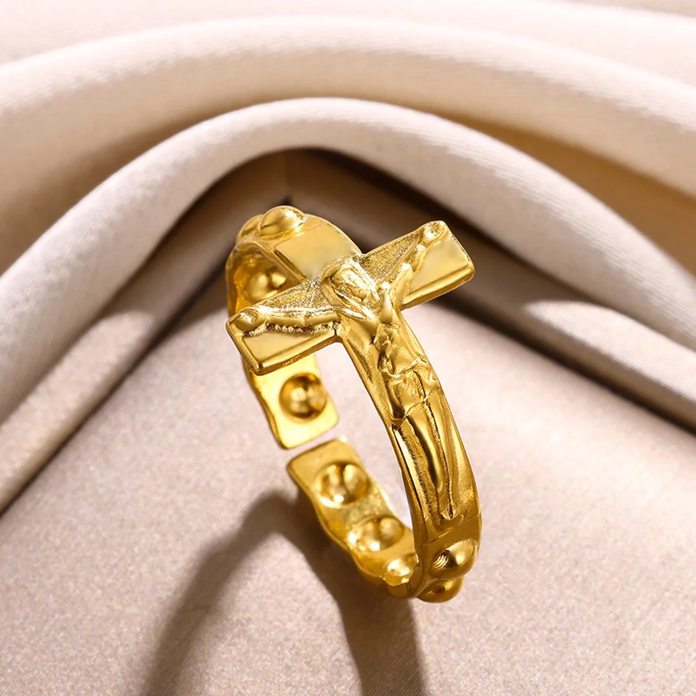 Jesus Cross Rings For Women Men Gold Color Stainless Steel Adjustable Ring
