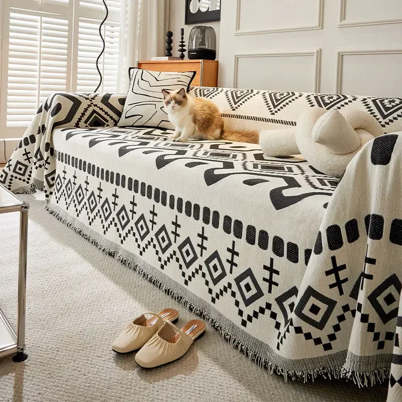 Boho Style Chenille Sofa Towel with Tassels, Double-side, for Living Room Camping Picnic Large Blanket Leisure Relax Beach Towel 2