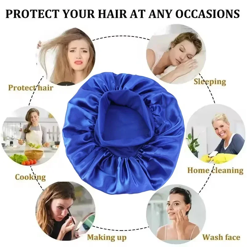 1pcs Soft Silk Satin Lined Bonnet Large Satin Hair Bonnet Household Sleep Shower Cap Hair Wrap Cover for Long Hair Salon Tool 4