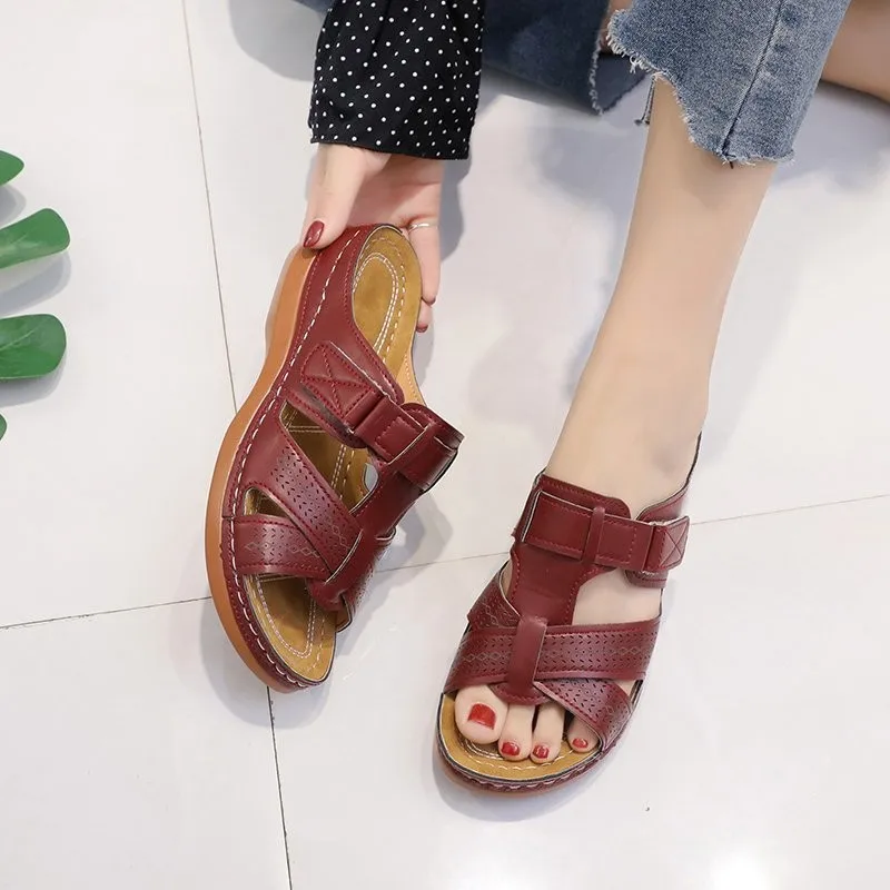 

New Summer Women Wedge Sandals Premium Orthopedic Open Toe Sandals Vintage Anti-slip Leather Casual Female Platform Retro Shoes