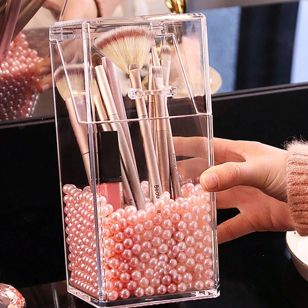 1pc makeup organizer, transparent makeup brush storage box, makeup storage bucket, pen and pencil storage box 4