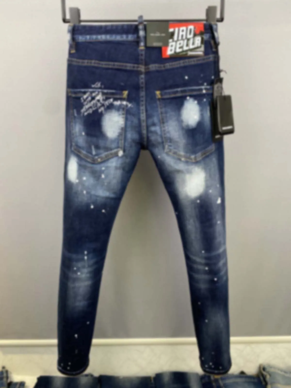 2024 Spring/Summer New D2 Jeans Fashion Men's Washed and Worn Hole Patch Paint Speckled Ink Slim Fit Small Feet Blue
