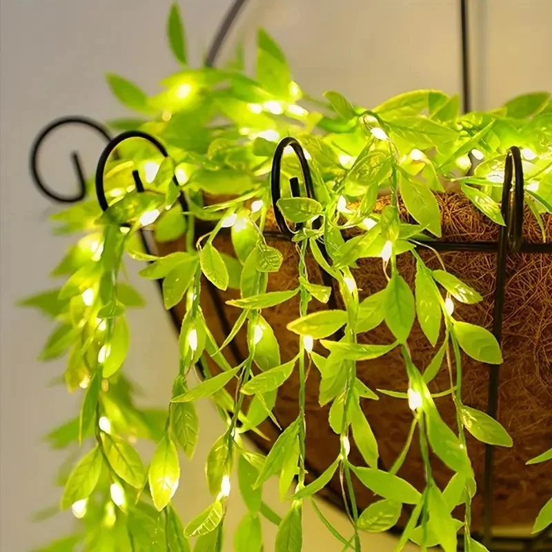 Green Leaf Garland with LED Fairy Lights - Battery-Powered Holiday Decoration