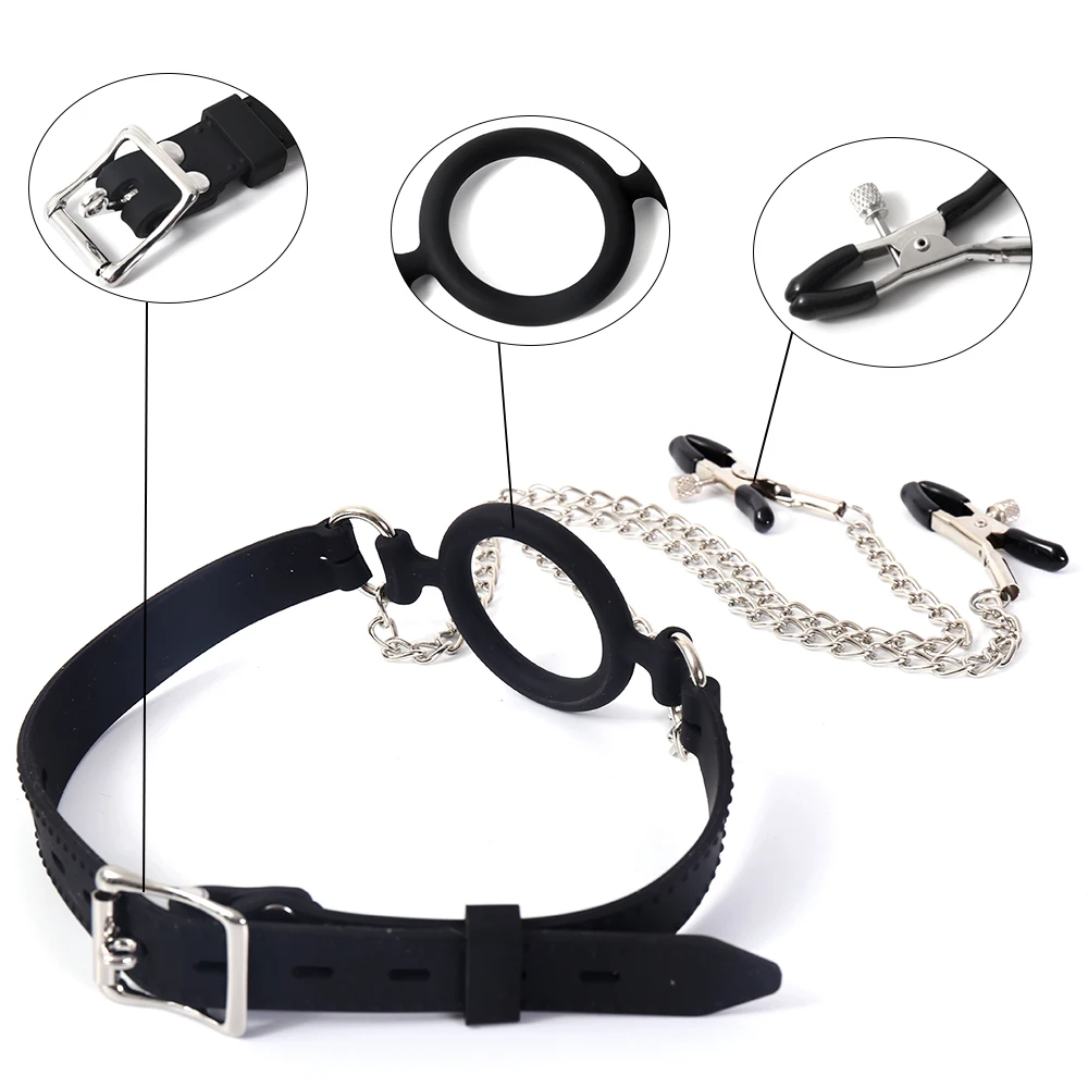 Silikon-Knebel mit offenem Mund und O-Ring, inklusive Nippelklemmen, BDSM-Bondage-Gurtzeug und Verriegelungsgürtel, erotische Accessoires von Sexyshop_voghion.com