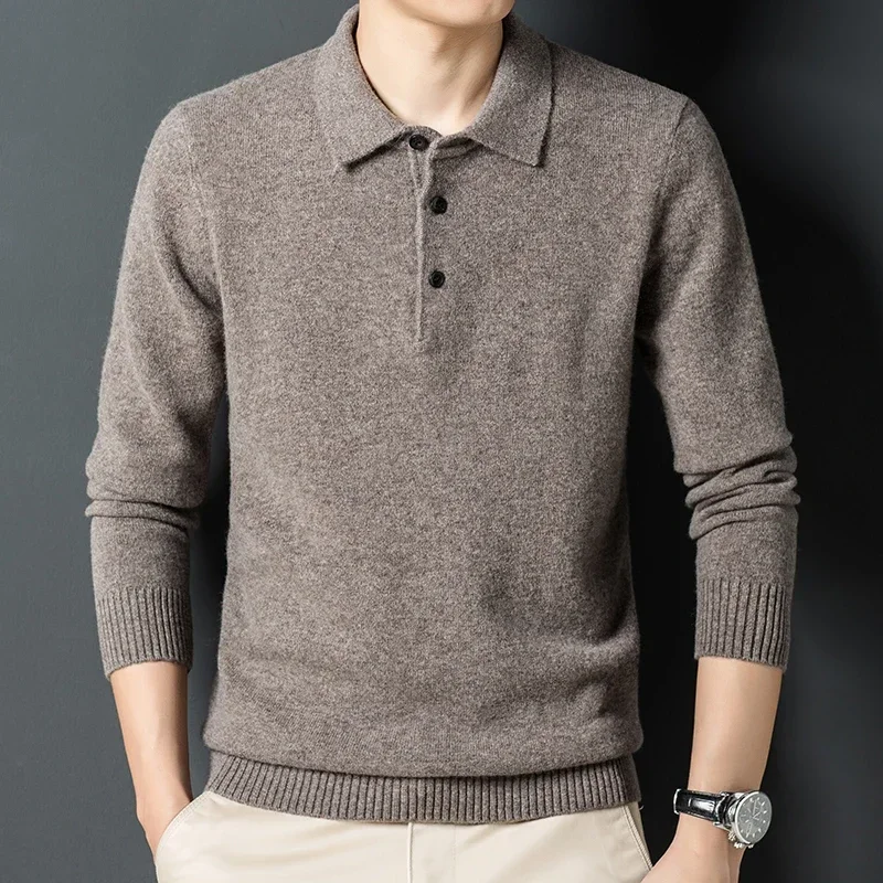 Autumn and Winter New Cashmere Sweater Men\'s 100% Merino Wool Pullover Casual Loose POLO Knitted Bottom Shirt Jacket Shirt