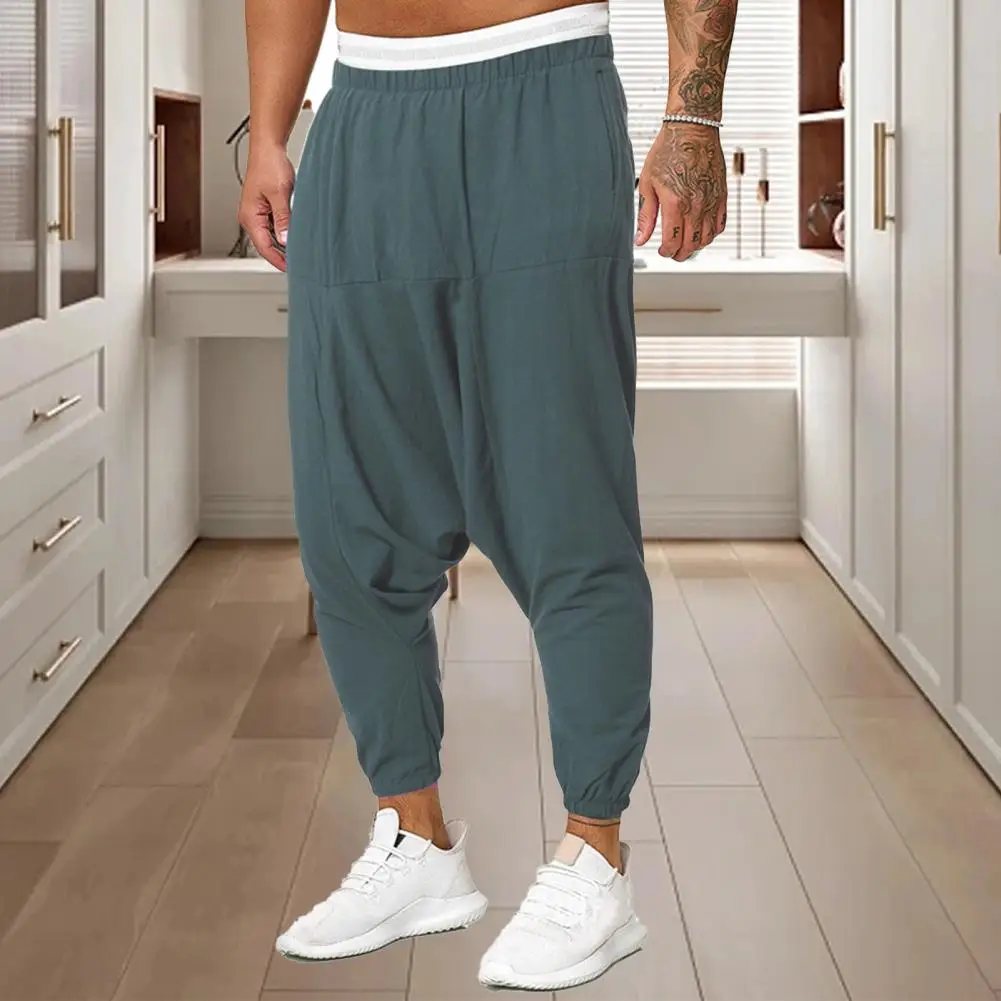 Cool Men Trousers Oversized Elastic Waist Pleated Deep Crotch Men Sweatpants  Cross Pants Sport