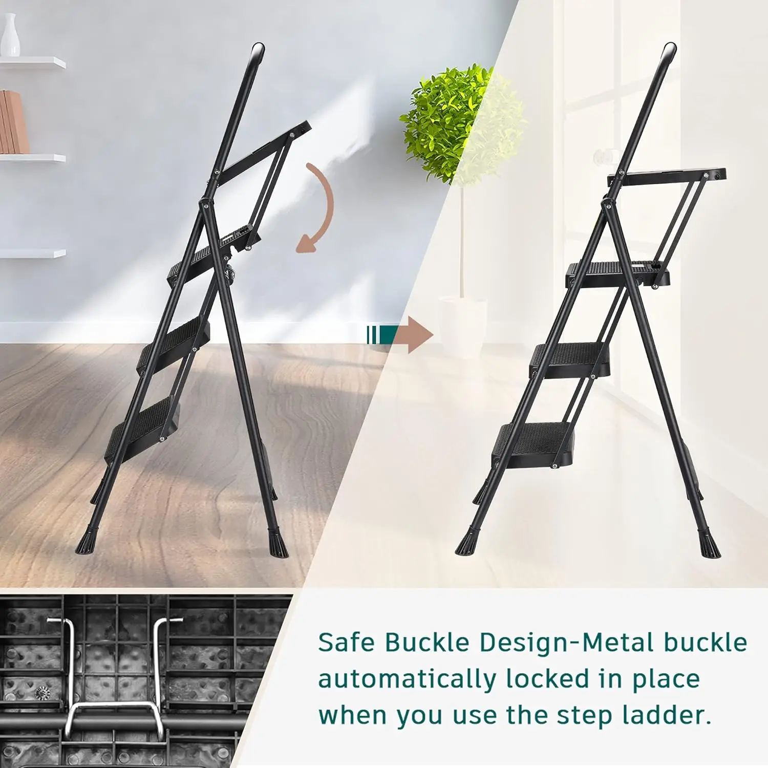 3 Step Ladder with Tool Tray, Folding Step Stool with Wide Non-Slip Pedal and Comfort Handgrip for Household and Office