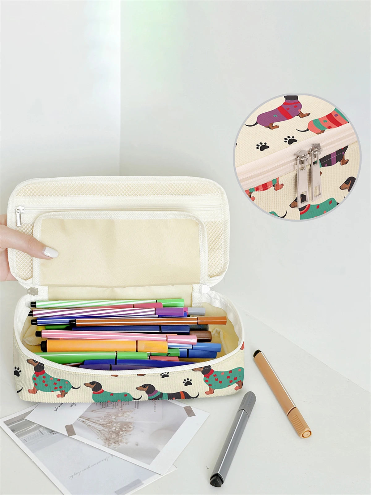 Cartoon dog pattern printing large capacity pencil case, durable multifunctional storage bag, portable zipper storage box