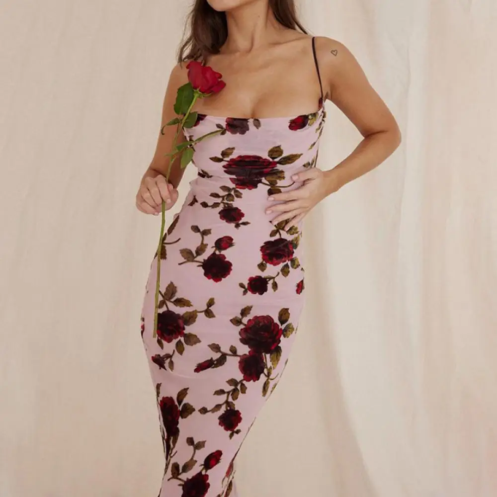 

Платье женское Сетчатое на бретелях-спагетти с открытой спиной и цветочным принтом