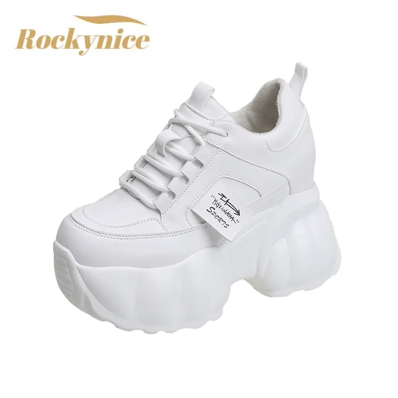 

Women Warm Fur Chunky Sneakers 10CM Heels Thick Sole Casual Ladies Plush Vulcanized Shoes High Platform Leather Sneakers Woman