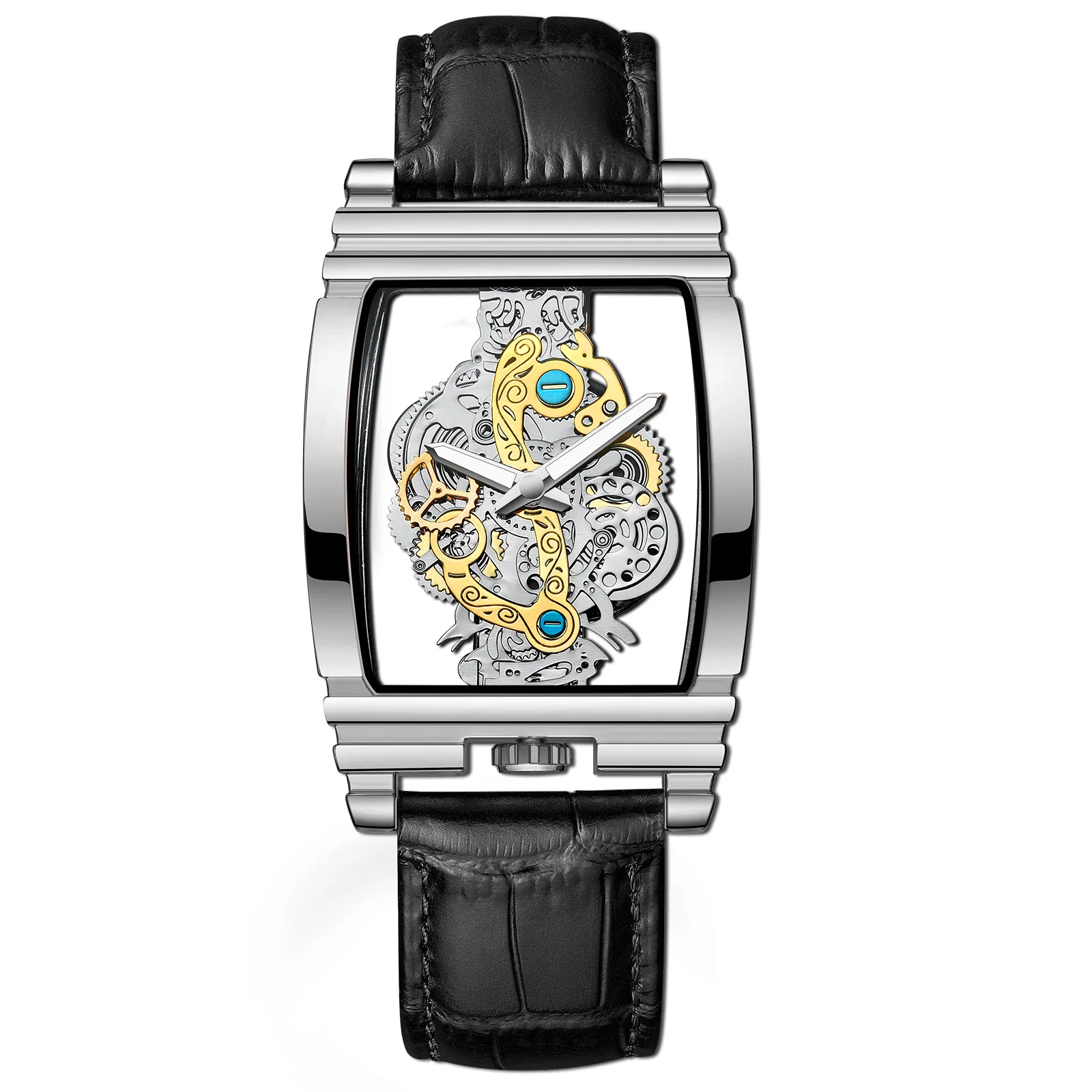 New barrel type men's quartz watch square transparent full hollow flywheel waterproof watch leather steel band luminous watch