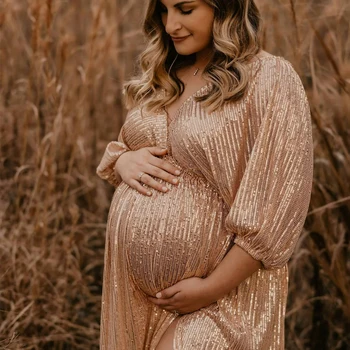 Alternative view of "Seraphina" Vintage Sequin V-Neck Maternity Photoshoot Gown