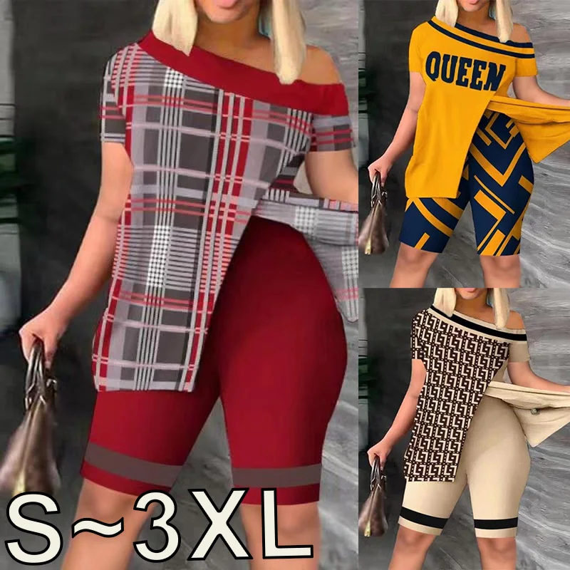

2023 Spring/Summer Women's Plaid Print Casual Two Piece Set with Oblique Shoulder Split Top and High Waist Slim Fit Pants Set