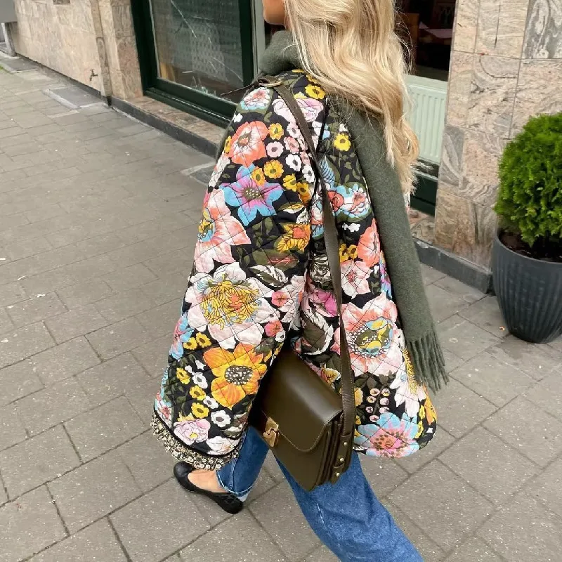 2023 Autumn Winter Ethnic Colored Flower Quilted Jacket with Fleece Women  Wood ears Center Buttons Flare Sleeve Loose Coat