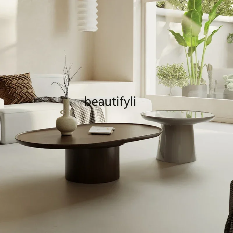 

Italian Small Apartment Coffee Table Living Room Home Simple round High-Grade Wooden Leather Tea Table Combination