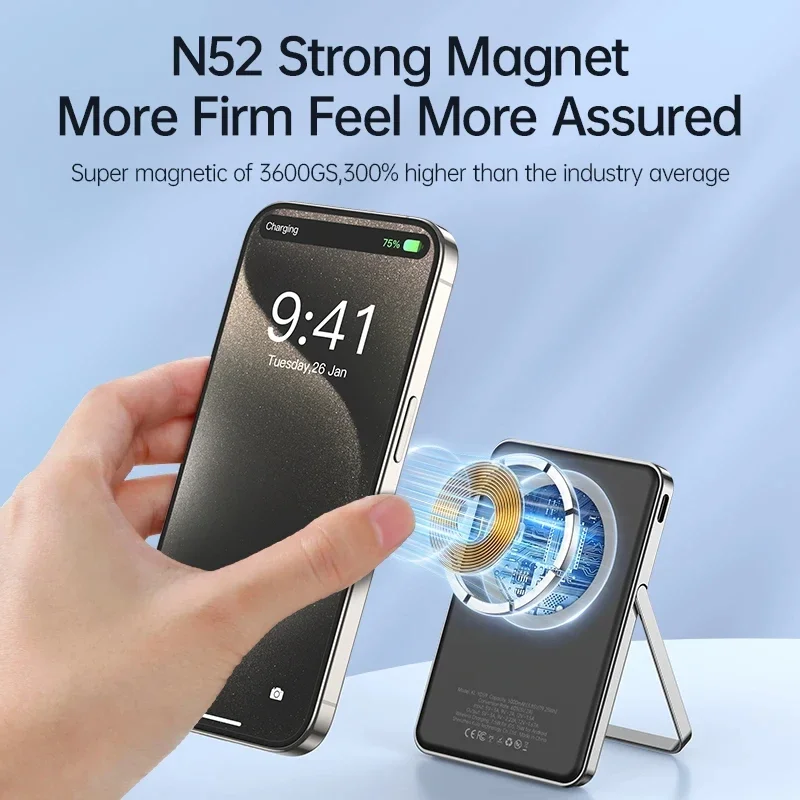 With Stand Card Bag Power Bank 5000mAh For IPhone 16 15 14 Pro Max with Holder Power Bank Magnetic Battery 5