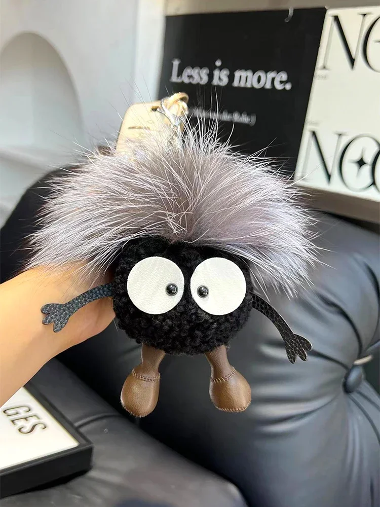 15cm Cute Cartoon Wool Small Coal Ball Car Keychain Real Raccoon Fur Pendant Elf Plush Ball Bag Pendant Hobby Collection Gift