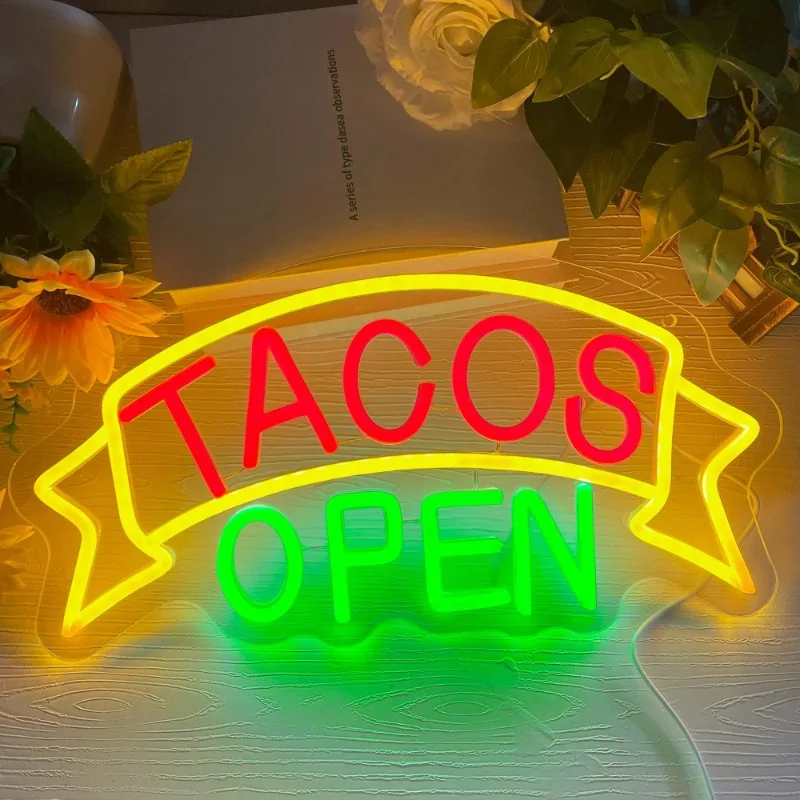 

Tacos Open Neon Signs for Wall Decor LED Mexican Restaurant Taco Party Food Light Kitchen Coffee Bar Wall Restaurant Welcome 5V