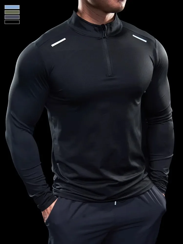 Men Stand Collar Zipper T-shirt Gym Running Training Fitness Bodybuilding Sport Top Quality Elastic Long Sleeve Tight Tops Tees 2