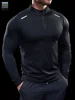 Men Stand Collar Zipper T-shirt Gym Running Training Fitness Bodybuilding Sport Top Quality Elastic Long Sleeve Tight Tops Tees 2