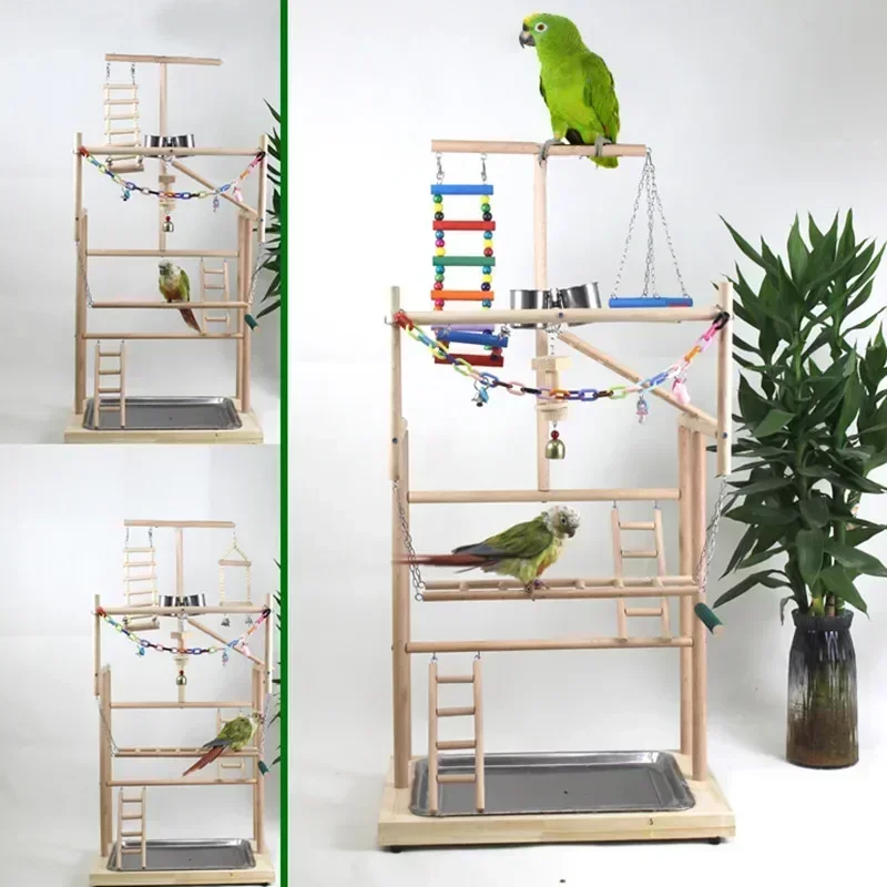 Wood Parrot Playground Lovebirds Playgym With Feeder Bird Playstand Bite Toy Bird Perches With Ladders Cockatiel Activity Center