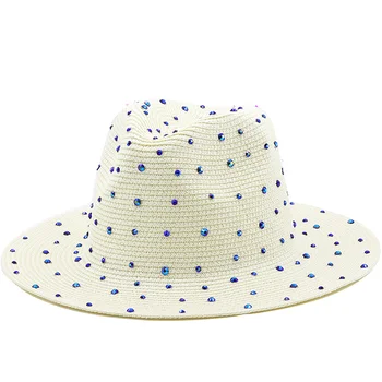 Luxury Diamond Panama Soft Shaped Straw Hat Summer Women Wide Brim Beach Sun Cap Uv Protection Girl Fedora Hat 1