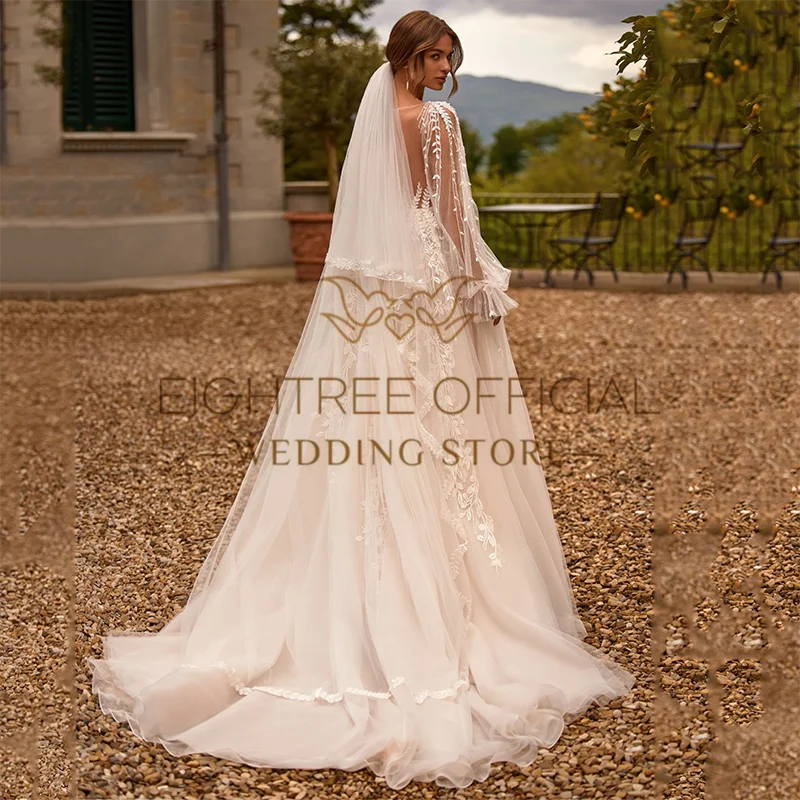 Wedding Dresses Eightree Wedding Dresses A-Line V Neck Appliques Puff Sleeve Beach Bridal Prom Dress