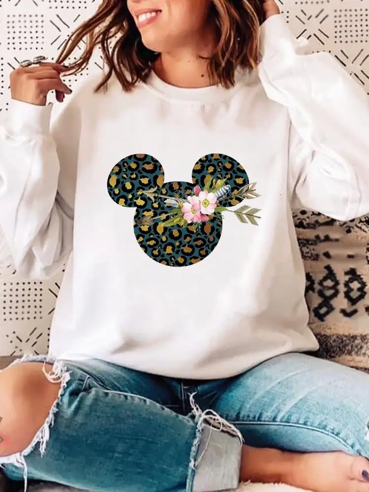 

Leopard Flower Trend Autumn Spring Fashion Print Mouse Ear Head Pullovers Holiday Cartoon Women Casual Female Graphic Sweatshirt