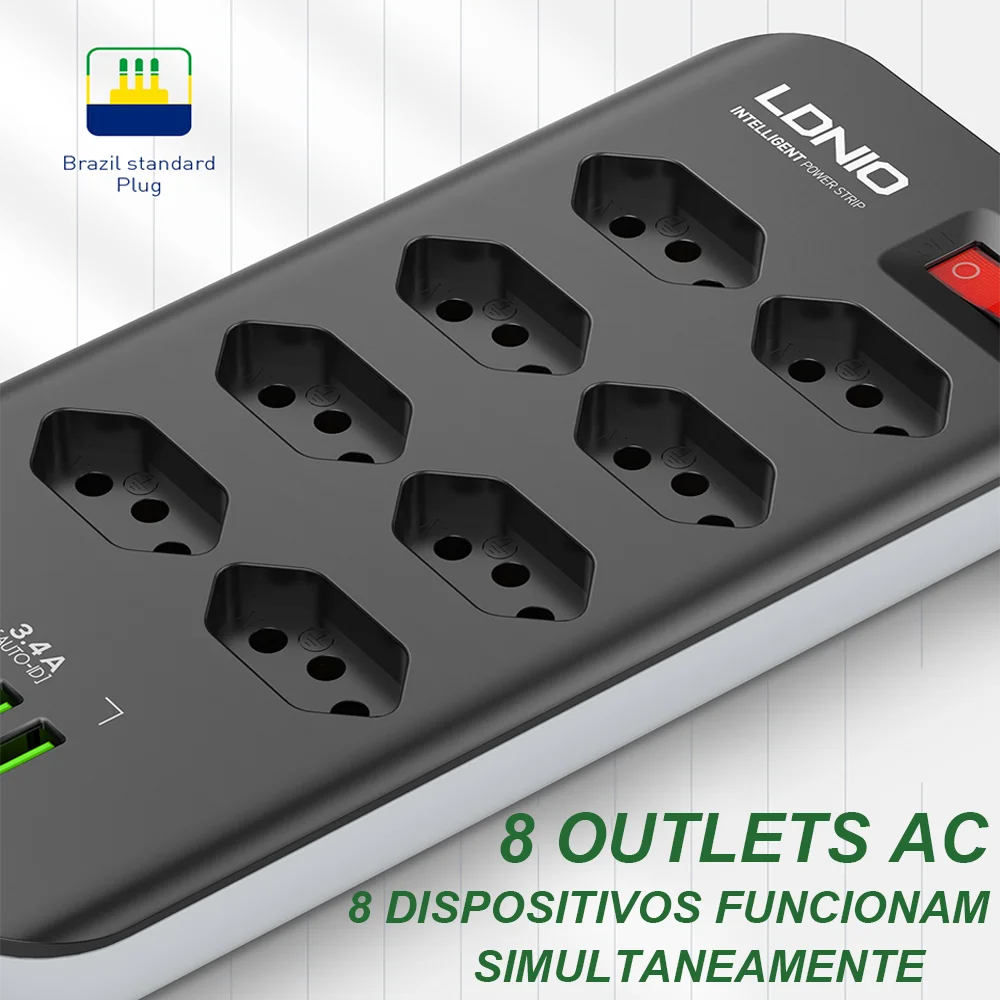 Plug Adapter Electrical Socket Power Socket LDNIO Brazilian Standard 2 Meters Electric Extension Surge Protector 4 USB