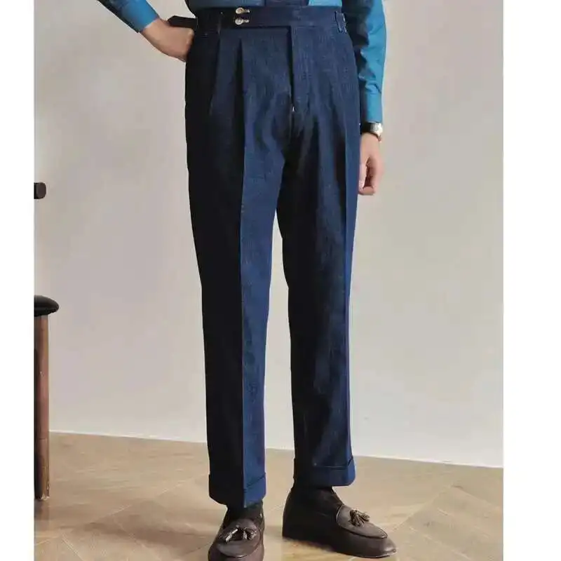 Denim Blue Quality Italy Business Dress Pants Men Office Social Suit Pants Casual Wedding Groom Trouser Pantaloni Uomo Casual