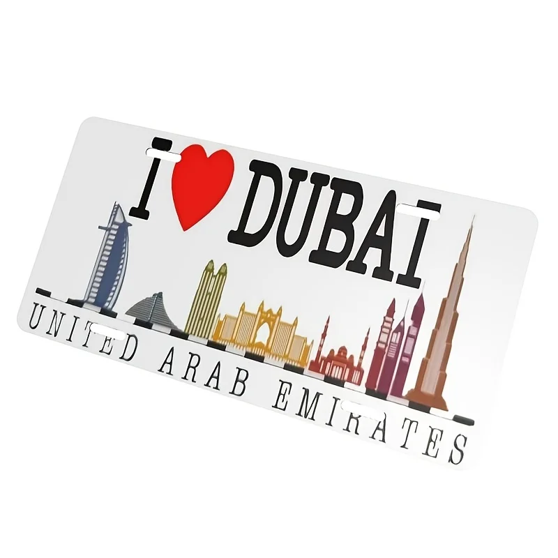 Aluminum UAE License Plate Wall Art - Retro Metal Sign Featuring Iconic Dubai and Abu Dhabi Landmarks