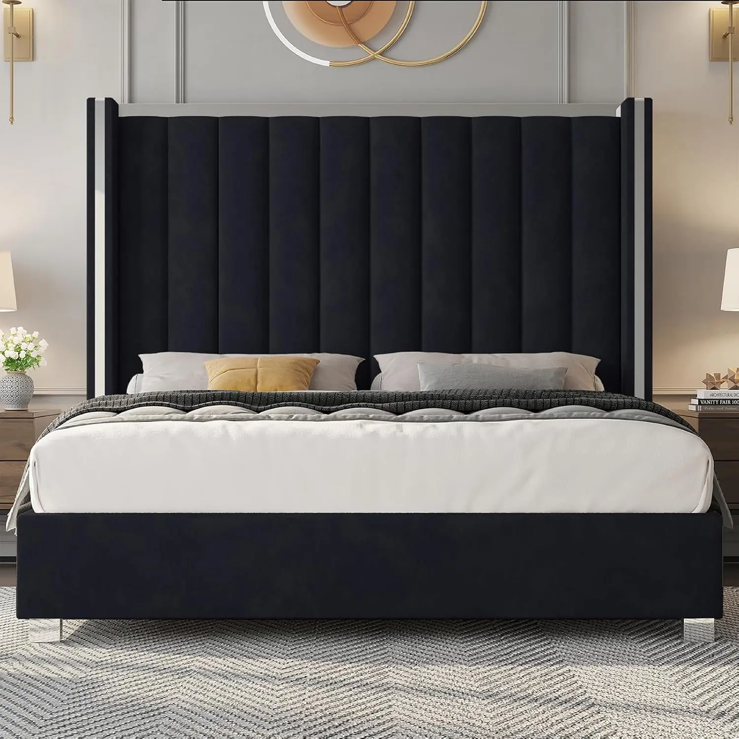 Bed Frame with 58" Tall Headboard, Velvet Upholstered Platform Bed with Channel Tufted Wingback Headboard and Plating Trim