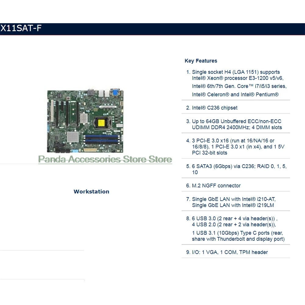 X11SAT-F 워크스테이션 ATX 마더보드 인텔 C236 LGA-1151 6 SATA3 E3-1200 v6/v5 세대 코어 i3/i5/i7 시리즈
