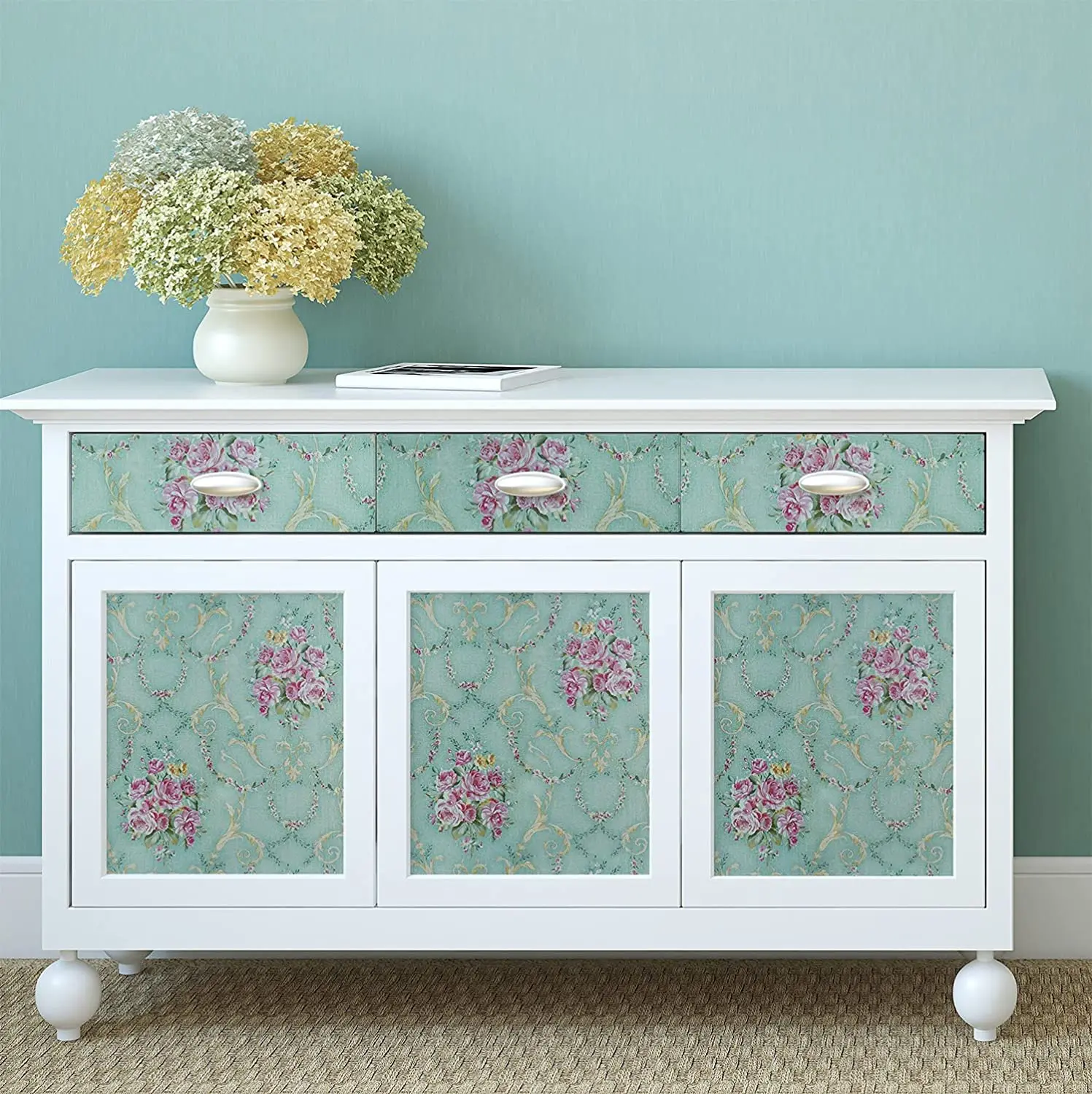 녹색 꽃 껍질과 스틱 벽지 복고풍 피는 꽃 빈티지 접촉 종이 Backsplash 이동식 자체 접착 벽지